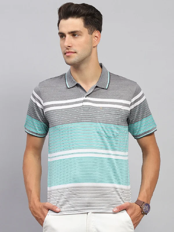 men’s classic short sleeve shirts for warm weather -Men Grey & Green Stripe Collar Half Sleeve T-Shirt