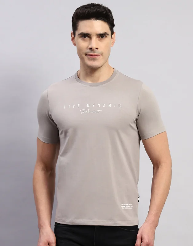 comfortable and breathable short sleeve t-shirts for work -Men Grey Printed Round Neck Half Sleeve T-Shirt