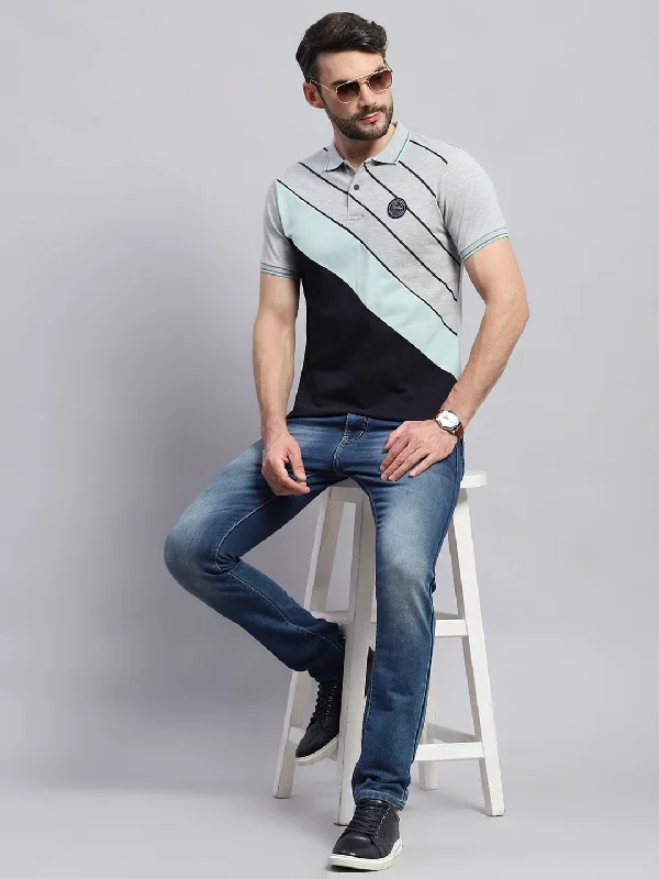 men’s fashionable short sleeve shirts for outdoor events -Men Grey Self Design Collar Half Sleeve T-Shirt