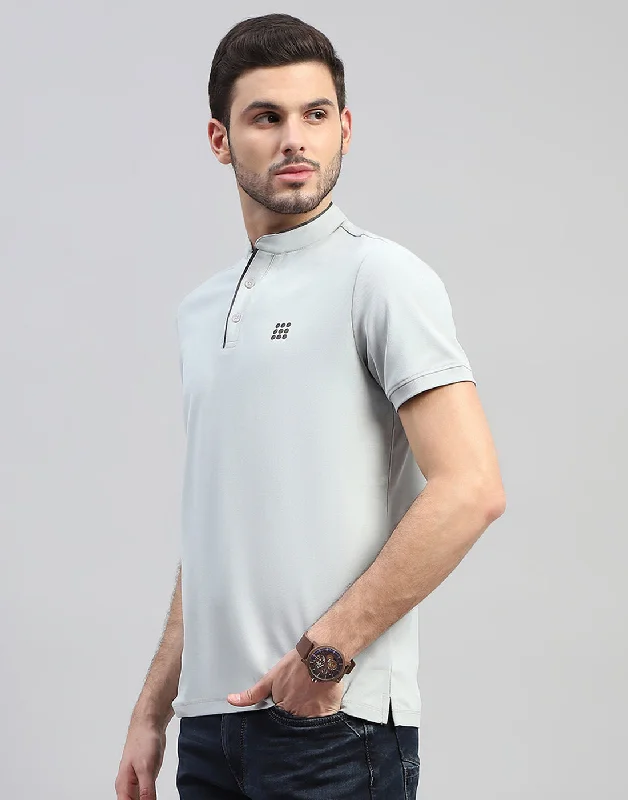 premium short sleeve shirts for men -Men Grey Solid Mandarin Neck Half Sleeve T-Shirt