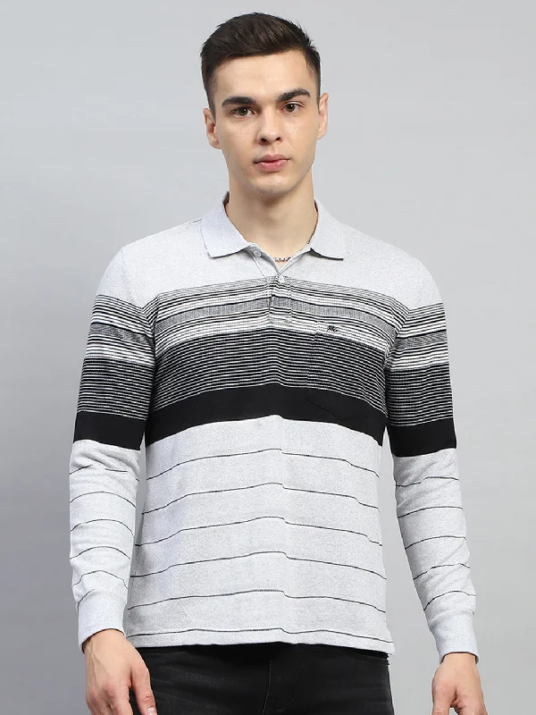 stylish and modern short sleeve polo shirts for men -Men Grey Stripe Collar Full Sleeve Winter T-Shirt