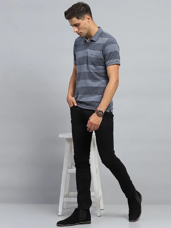 modern short sleeve t-shirts for stylish men -Men Grey Stripe Collar Half Sleeve T-Shirt