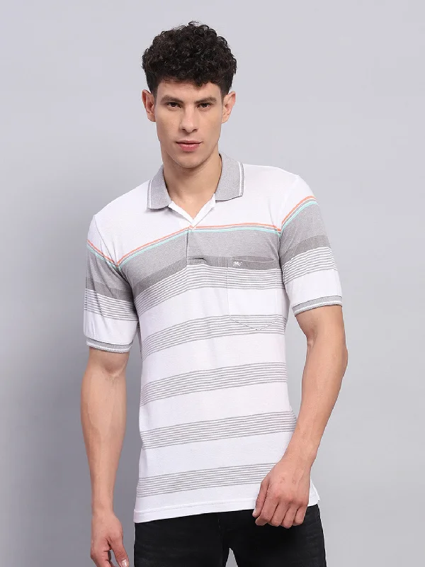 comfortable short sleeve polo shirts for work -Men Grey Stripe Collar Half Sleeve T-Shirt