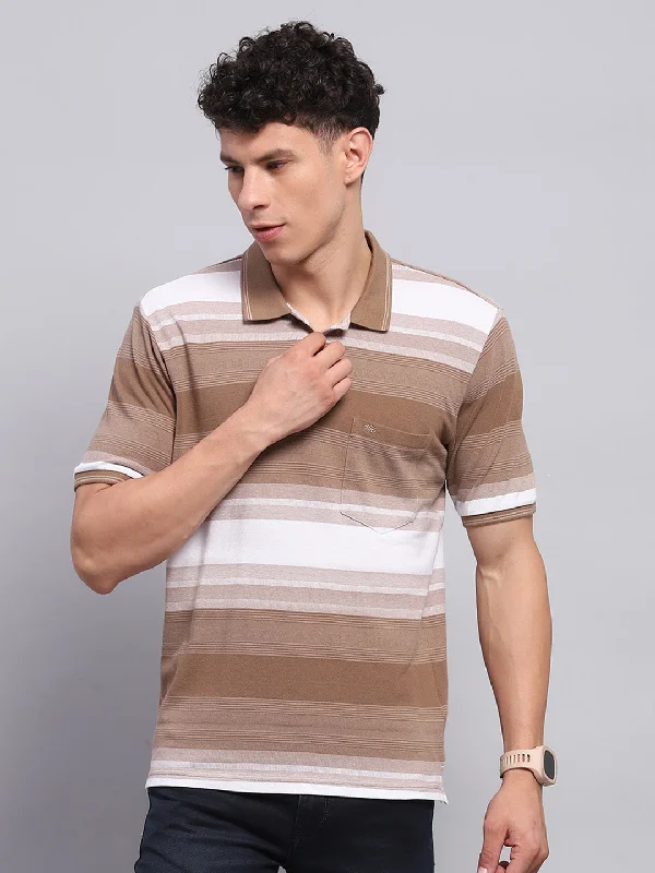 classic short sleeve shirts with clean designs for men -Men Khaki Stripe Collar Half Sleeve T-Shirt