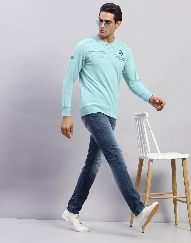 affordable short sleeve shirts for everyday wear -Men Light Blue Printed Round Neck Full Sleeve Winter T-Shirt