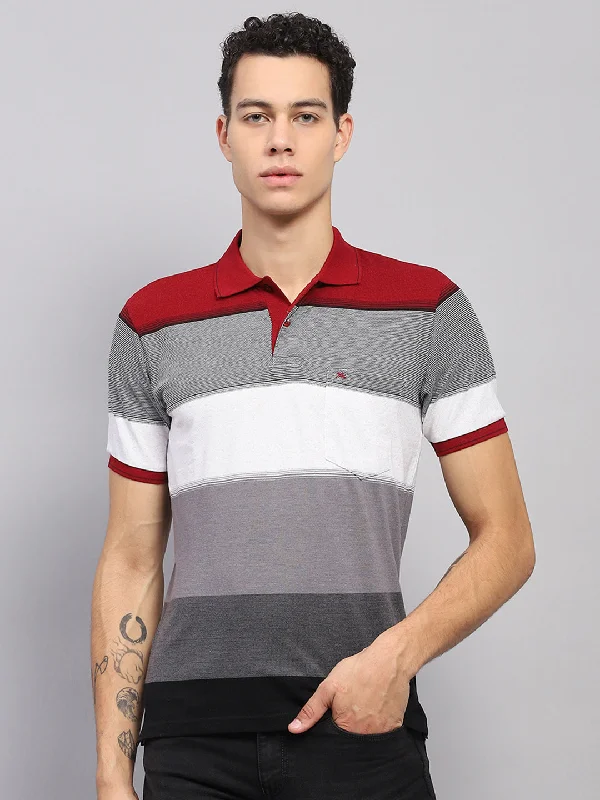 comfortable short sleeve shirts for hot weather -Men Maroon & Grey Stripe Collar Half Sleeve T-Shirt