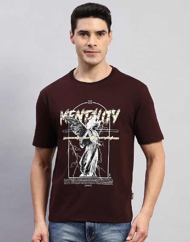 men’s premium short sleeve shirts for summer fashion -Men Maroon Printed Round Neck Half Sleeve T-Shirt