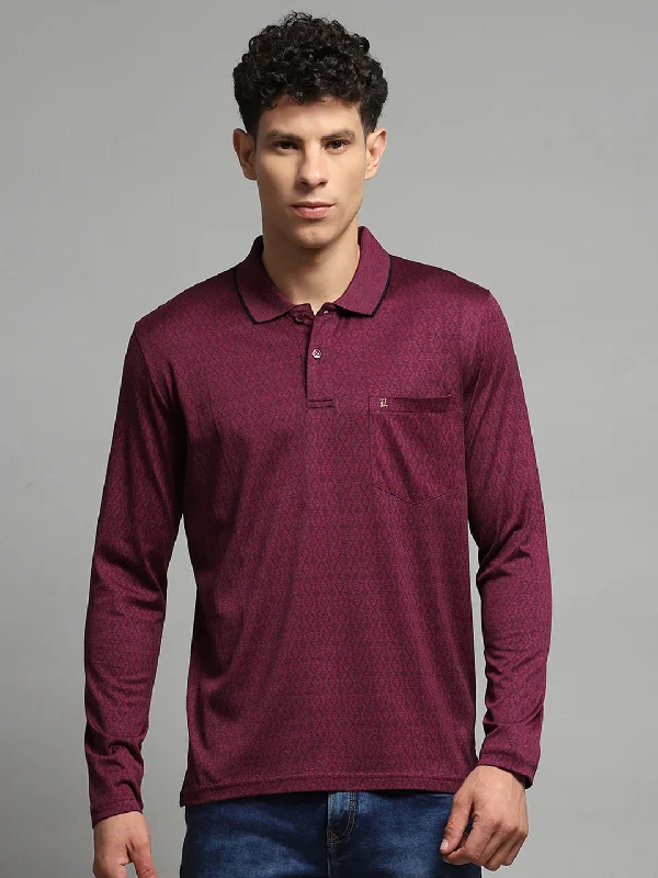 stylish and modern short sleeve polo shirts for men -Men Maroon Self Design Collar Full Sleeve Winter T-Shirt