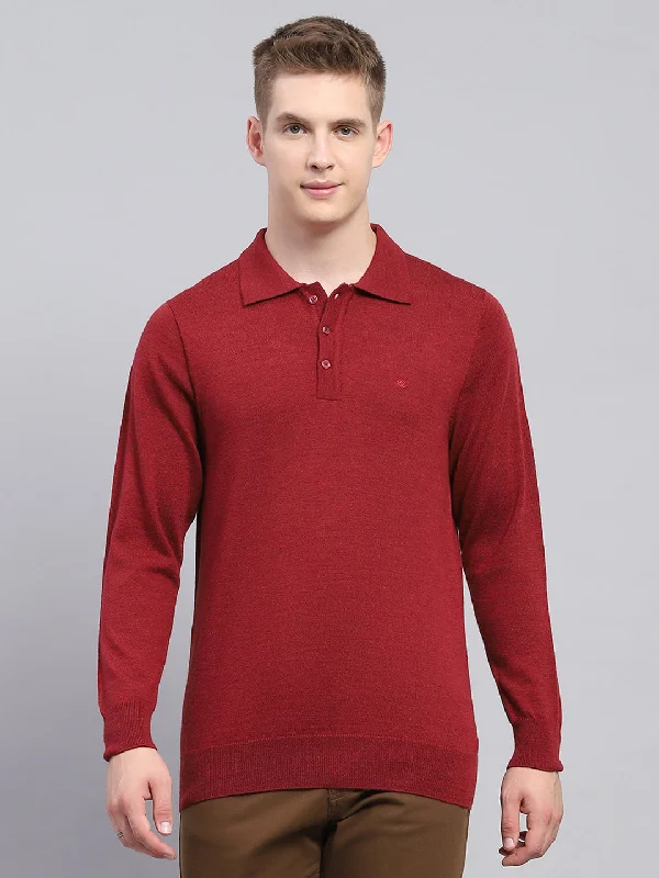 trendy short sleeve shirts for sports activities -Men Maroon Solid Collar Full Sleeve Winter T-Shirt