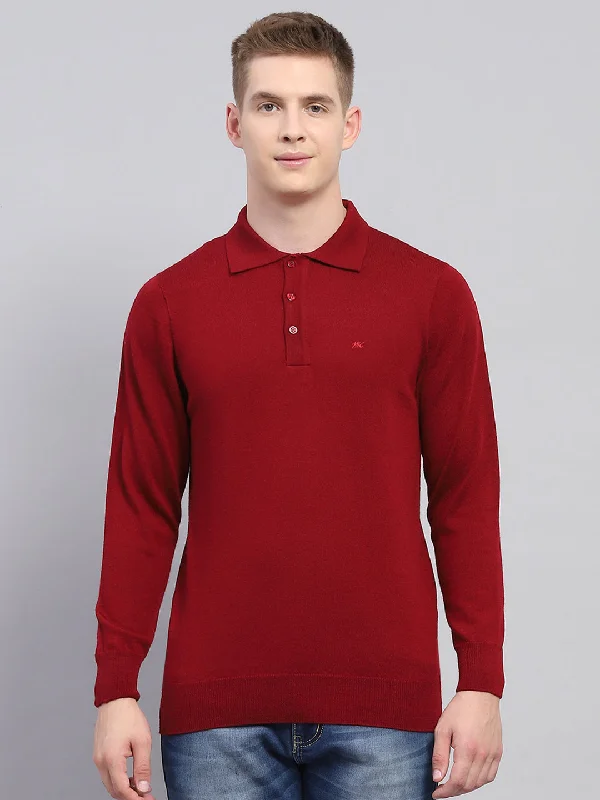 versatile short sleeve shirts for hot summer days -Men Maroon Solid Collar Full Sleeve Winter T-Shirt