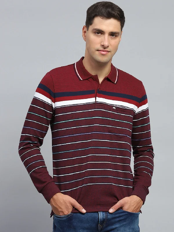 relaxed fit short sleeve shirts for men -Men Maroon Stripe Collar Full Sleeve Winter T-Shirt