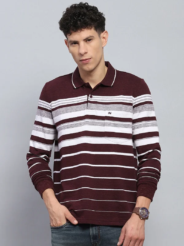 men’s graphic short sleeve shirts for hot weather -Men Maroon Stripe Collar Full Sleeve Winter T-Shirt