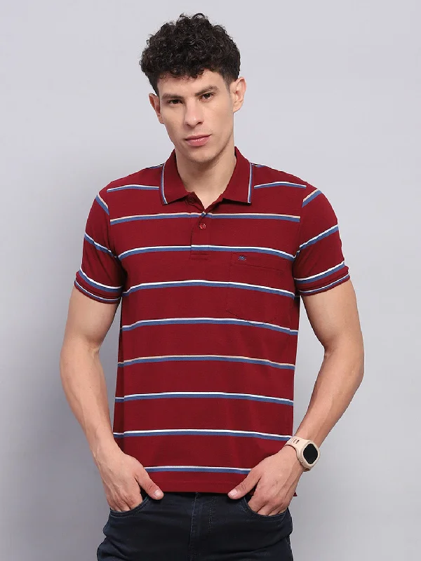 premium short sleeve shirts for men -Men Maroon Stripe Collar Half Sleeve T-Shirt