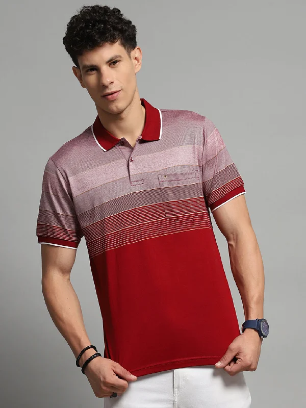 relaxed fit short sleeve shirts for men -Men Maroon Stripe Collar Half Sleeve T-Shirt