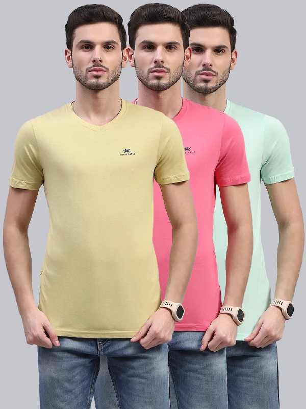 high-quality men’s short sleeve polo shirts -Men Multicolor Solid V Neck Half Sleeve T-Shirt (Pack of 3)