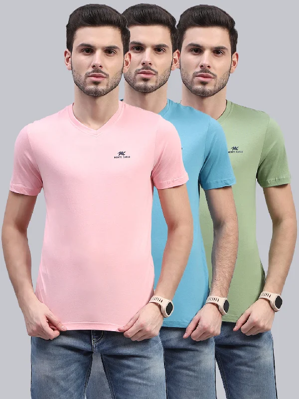 breathable short sleeve shirts for outdoor wear -Men Multicolor Solid V Neck Half Sleeve T-Shirt (Pack of 3)