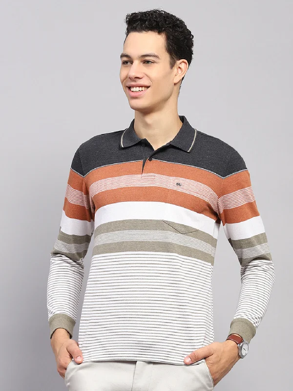 versatile short sleeve shirts for weekend trips -Men Multicolor Stripe Collar Full Sleeve Winter T-Shirt