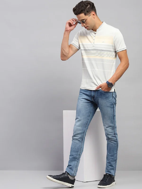 stylish short sleeve shirts for casual work wear -Men Multicolor Stripe Mandarin Neck Half Sleeve T-Shirt