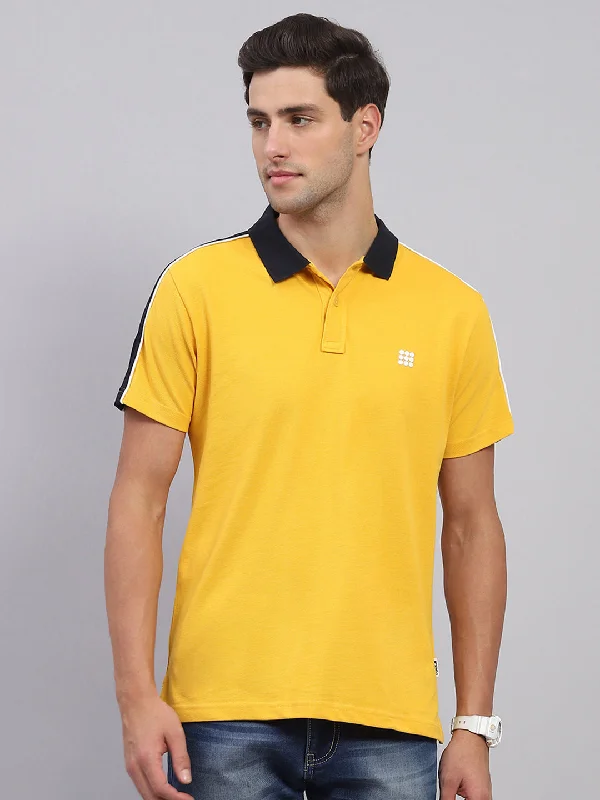 men’s casual short sleeve shirts for beach outings -Men Mustard Solid Collar Half Sleeve T-Shirt