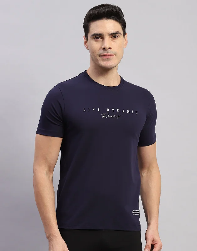 men’s trendy short sleeve t-shirts with logos -Men Navy Blue Printed Round Neck Half Sleeve T-Shirt