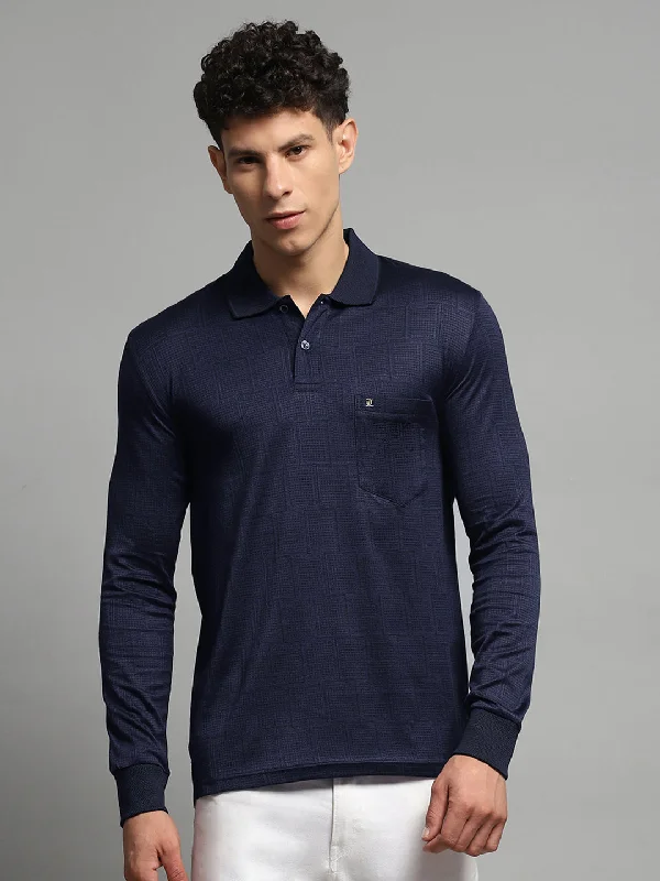 versatile and stylish short sleeve shirts for active men -Men Navy Blue Self Design Collar Full Sleeve Winter T-Shirt