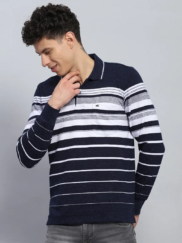 cool summer short sleeve shirts for casual wear -Men Navy Blue Stripe Collar Full Sleeve Winter T-Shirt