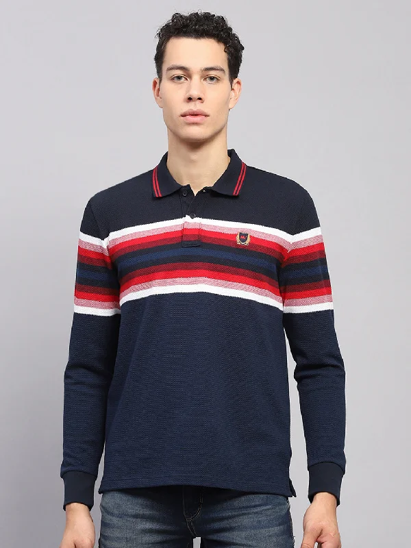 classic short sleeve shirts for casual days out -Men Navy Blue Stripe Collar Full Sleeve Winter T-Shirt