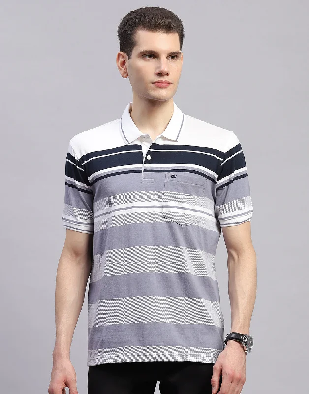 trendy summer short sleeve shirts for men -Men Navy Blue Stripe Collar Half Sleeve T-Shirt