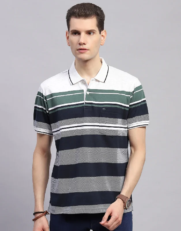 men’s short sleeve shirts with vibrant prints -Men Navy Blue Stripe Collar Half Sleeve T-Shirt