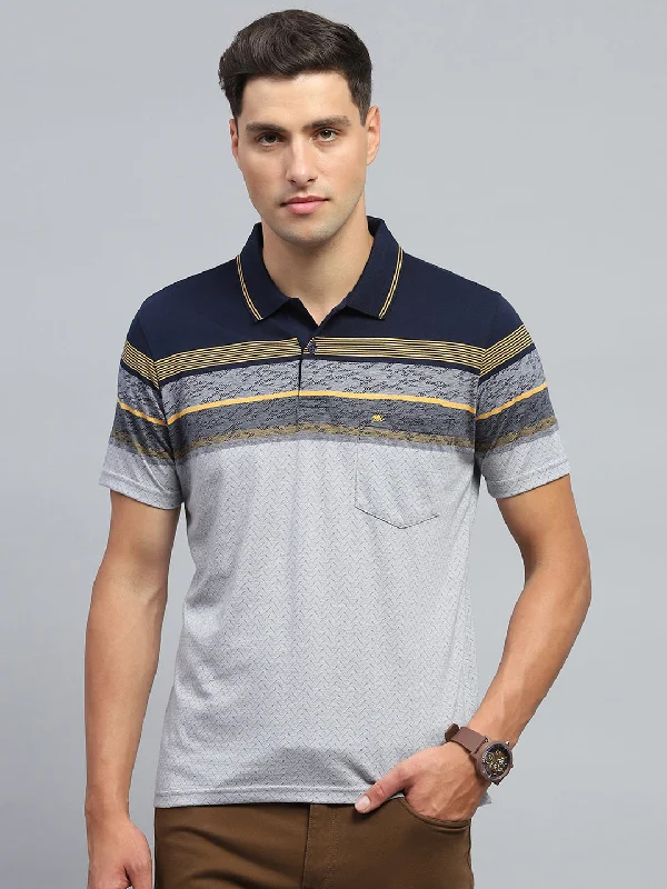 versatile and comfortable short sleeve polo shirts -Men Navy Blue Stripe Collar Half Sleeve T-Shirt