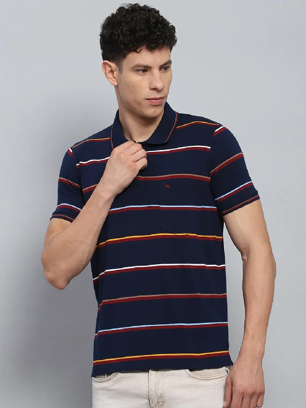 men’s printed short sleeve shirts for casual outings -Men Navy Blue Stripe Collar Half Sleeve T-Shirt