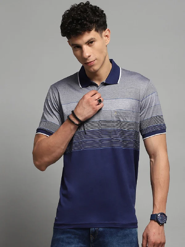 affordable short sleeve shirts for everyday wear -Men Navy Blue Stripe Collar Half Sleeve T-Shirt