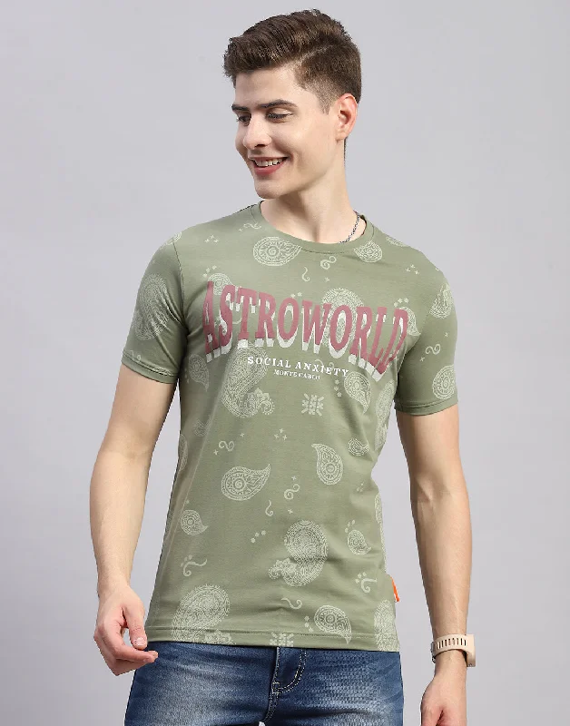 casual and relaxed short sleeve shirts for men -Men Olive Floral Print Collar Half Sleeve T-Shirt