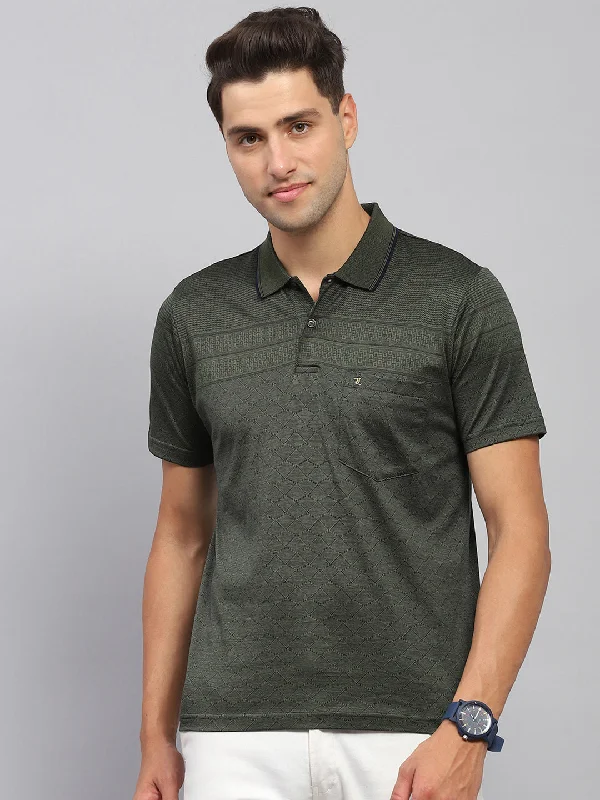 affordable short sleeve shirts with bold prints -Men Olive Self Design Collar Half Sleeve T-Shirt