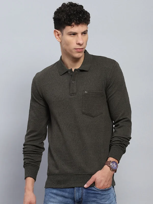 high-quality short sleeve shirts for everyday wear -Men Olive Solid Collar Full Sleeve Winter T-Shirt