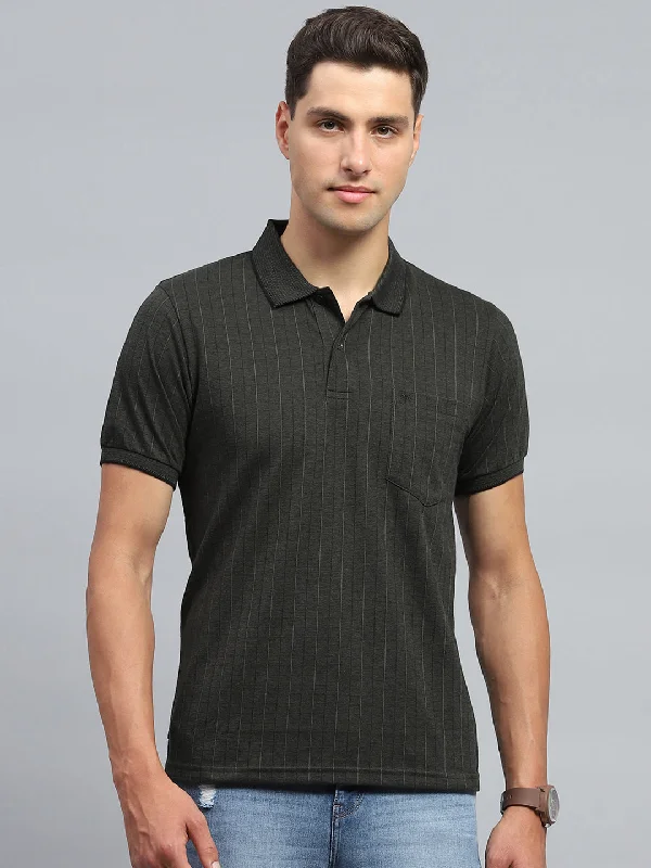 stylish and breathable summer short sleeve shirts -Men Olive Stripe Collar Half Sleeve T-Shirt