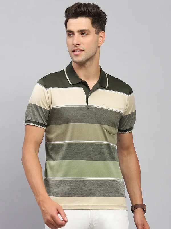 cool summer short sleeve shirts for casual wear -Men Olive Stripe Collar Half Sleeve T-Shirt