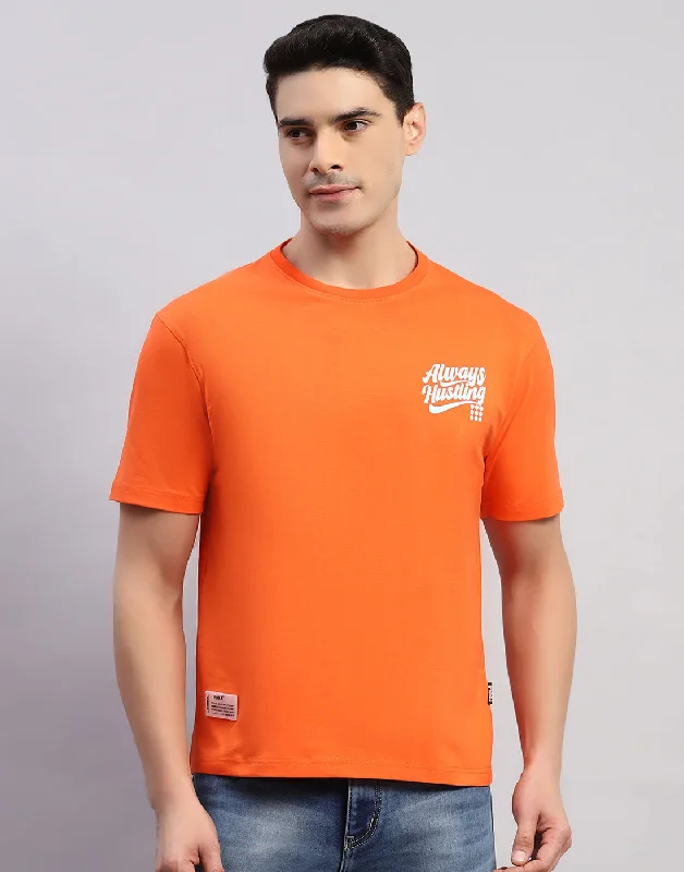 stylish short sleeve shirts for special occasions -Men Orange Printed Round Neck Half Sleeve T-Shirt