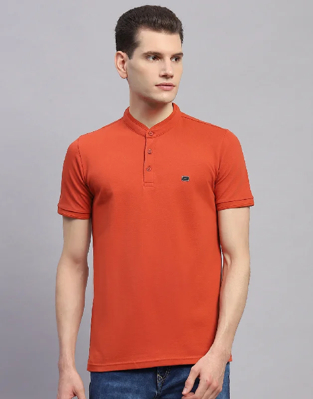 men’s printed short sleeve shirts for casual outings -Men Orange Solid Band Collar Half Sleeve T-Shirt