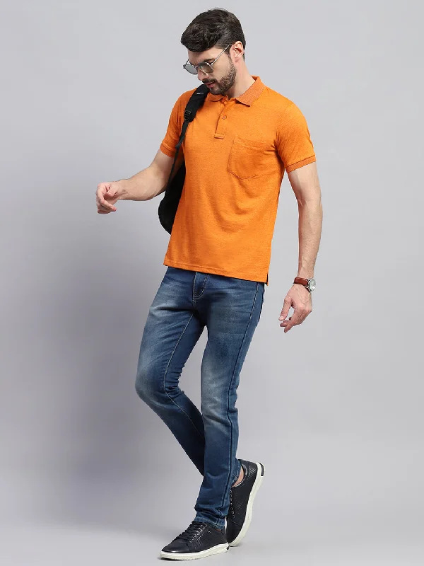 comfortable short sleeve shirts with relaxed cuts -Men Orange Solid Collar Half Sleeve T-Shirt