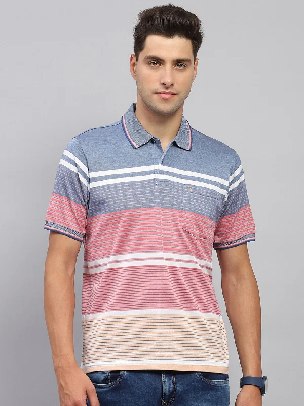 versatile short sleeve shirts for weekend trips -Men Pink & Blue Stripe Collar Half Sleeve T-Shirt