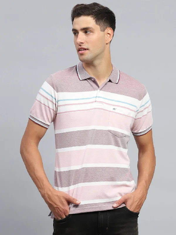 men’s graphic short sleeve polo shirts for outdoor wear -Men Pink Stripe Collar Half Sleeve T-Shirt