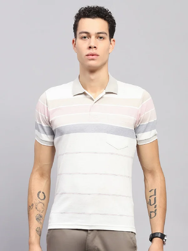 breathable and stylish short sleeve shirts for men’s wardrobe -Men Pink Stripe Collar Half Sleeve T-Shirt