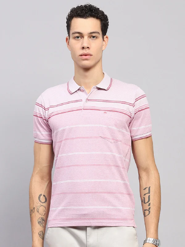 men’s short sleeve shirts with cool graphic prints -Men Pink Stripe Collar Half Sleeve T-Shirt