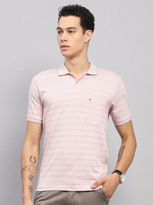 comfortable and lightweight short sleeve shirts for men -Men Pink Stripe Collar Half Sleeve T-Shirt