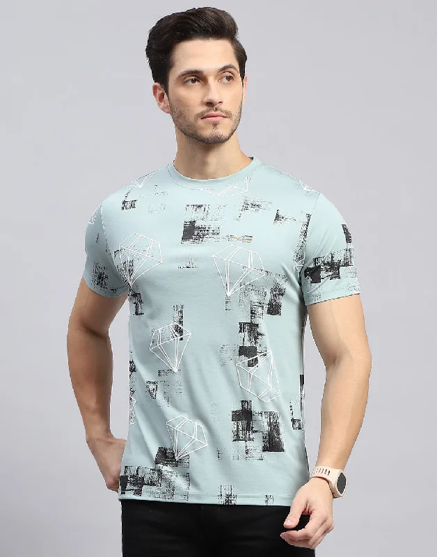 classic short sleeve shirts with clean designs for men -Men Sky Blue Printed Round Neck Half Sleeve T-Shirt