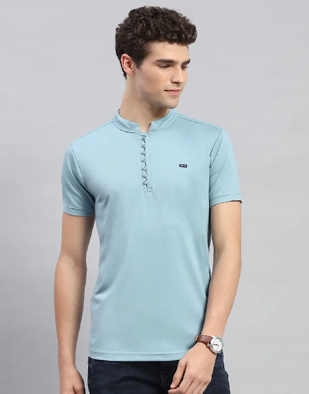 men’s comfortable short sleeve t-shirts for daily wear -Men Sky Blue Solid  Mandarin Neck Half Sleeve T-Shirt