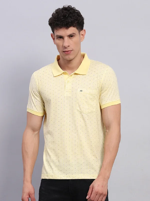 high-quality men’s short sleeve polo shirts -Men Yellow Printed Collar Half Sleeve T-Shirt