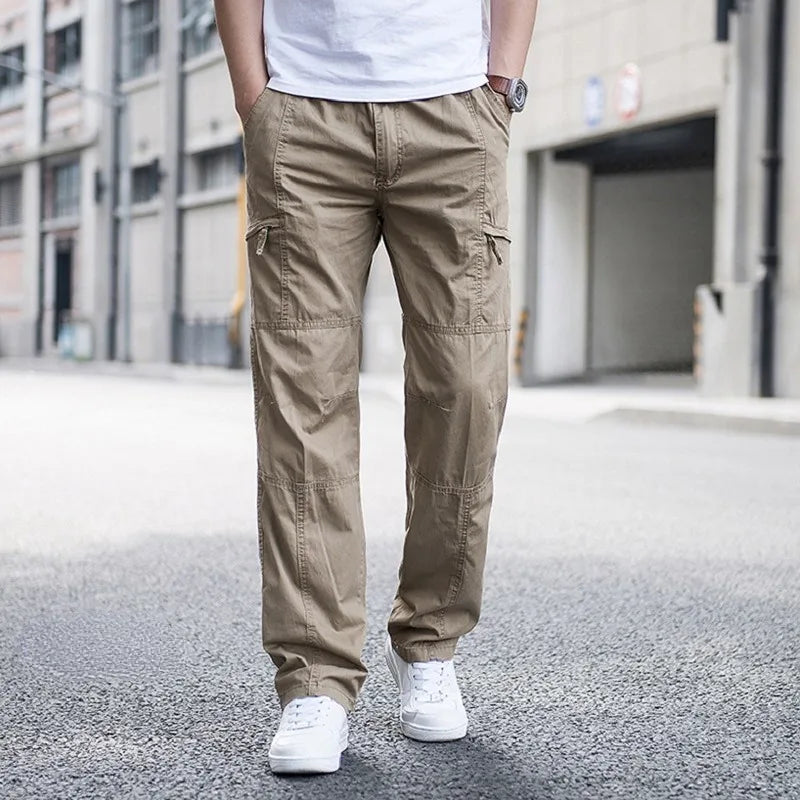 Men's pants with fine feel-Men's Cotton Elastic Waist Closure Plain Pattern Casual Trousers