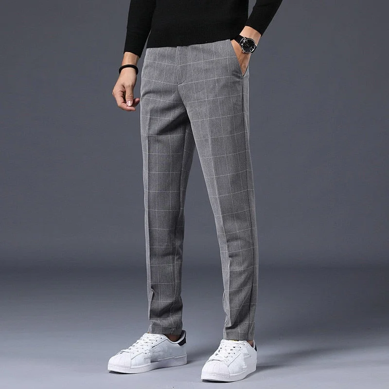 Men's pants with calm design-Men's Polyester Plaid Pattern Casual Wear Straight Dress Pants